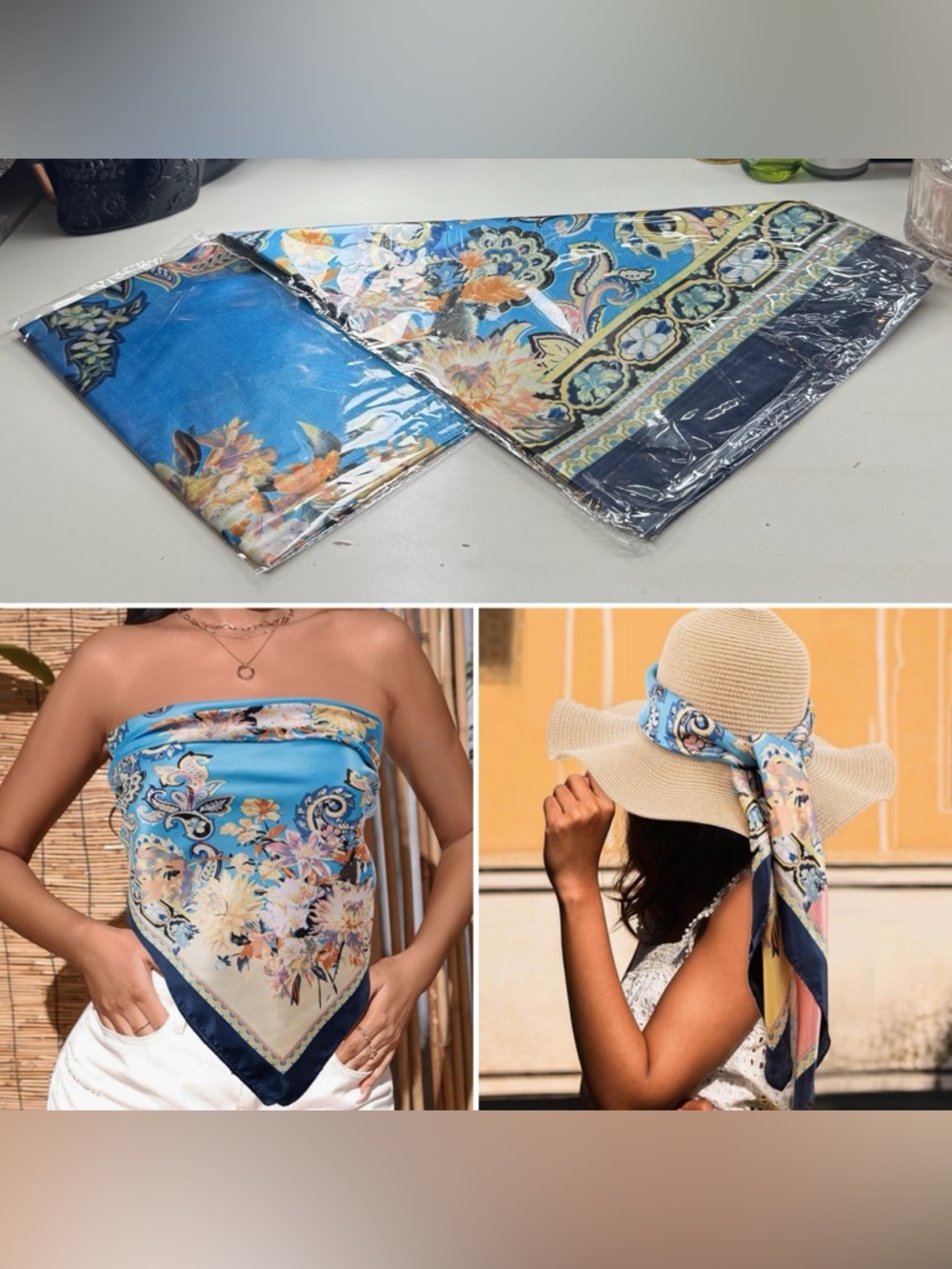 3/$15 Head Scarf Women Satin Square Head Scarf Fashion Sleep Blue & Navy Paisley